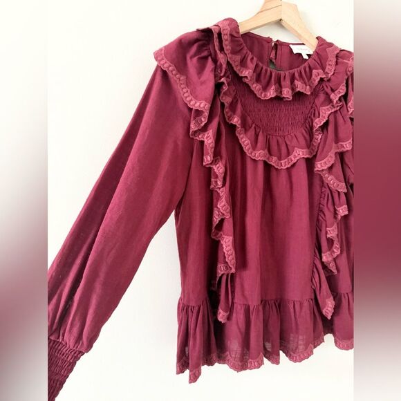 Böhme Edith Ruffle Long Sleeve Cotton Blouse in Burgundy - Size XS - Picture 3 of 6